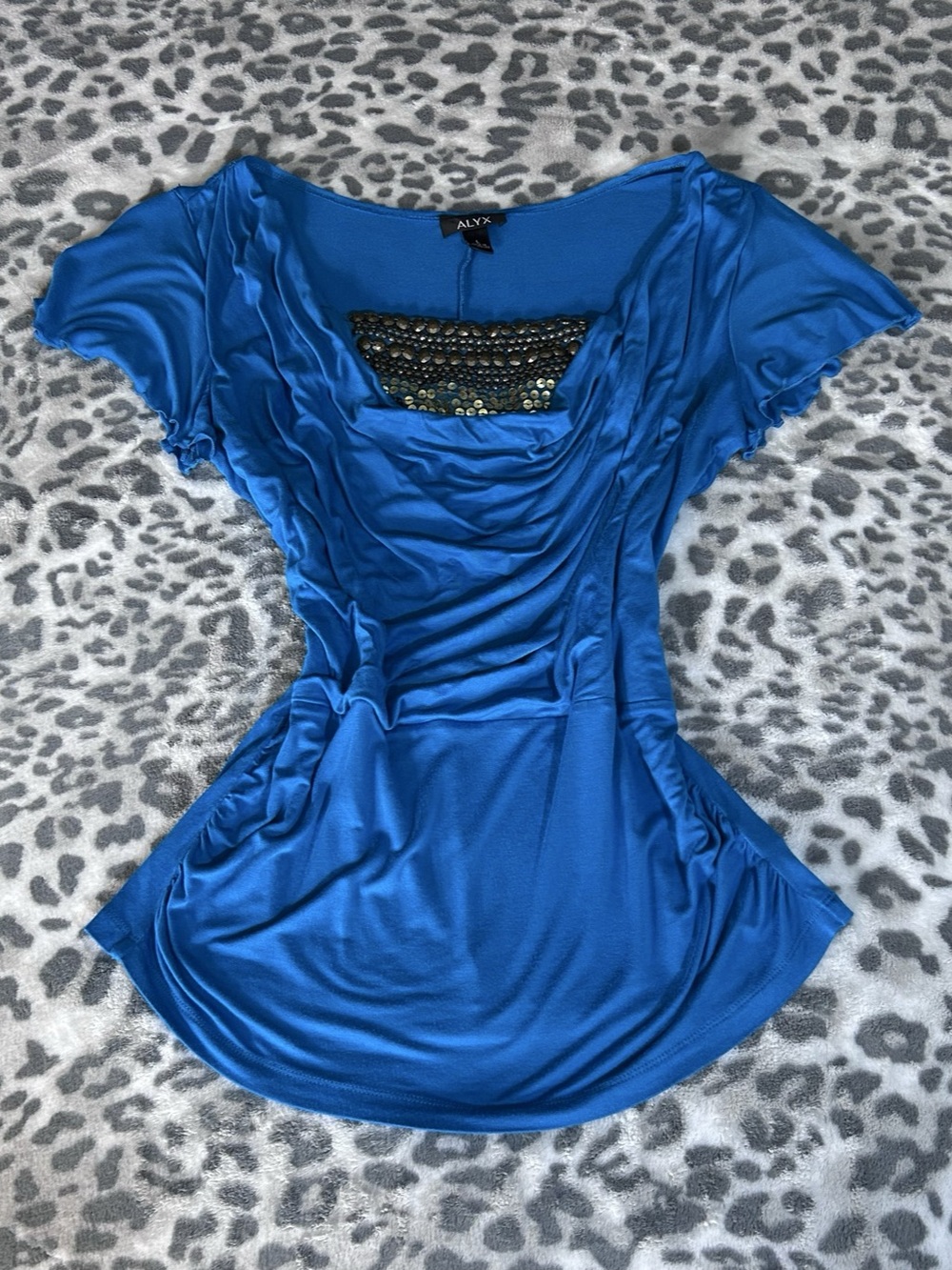 ALYX Blue Embellished Cowl Neck Top Size Large Like New